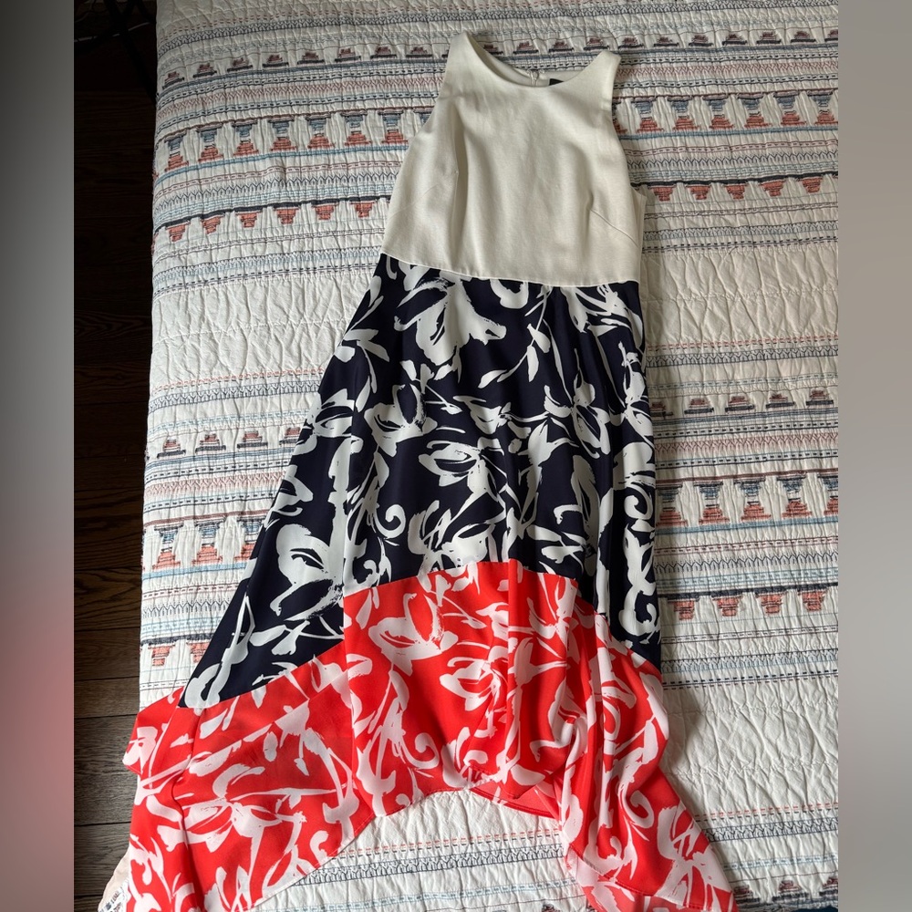 Women’s Colorblock Floral Asymmetrical Midi/Maxi Dress in White, Navy & Coral